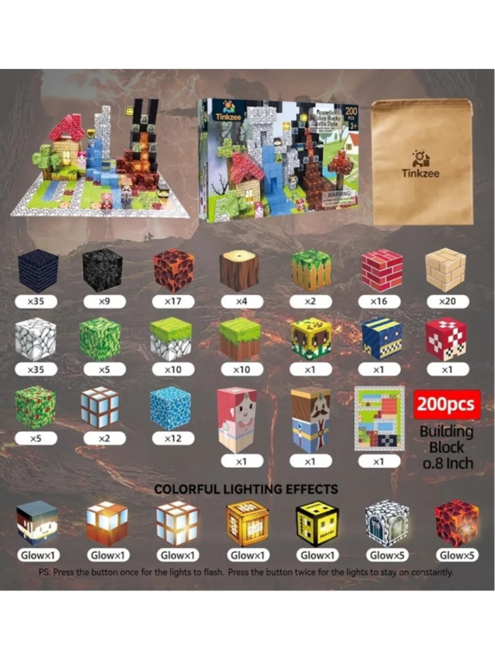 200 PCS Magnetic Building Blocks Set with 15 LED Light-Up Blocks, Replaceable.